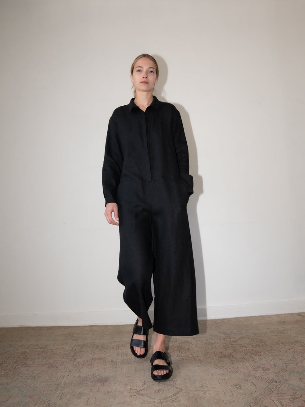 ZII ROPA WADE Jumpsuit Black 100% Linen Relaxed Cropped Wide Leg Size M